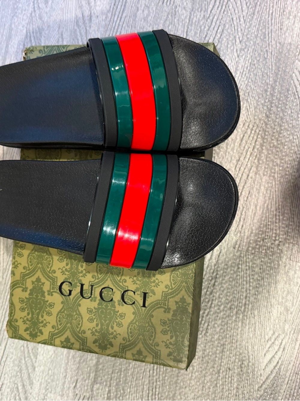 Gucci Black Slides with Green and Red Stripes